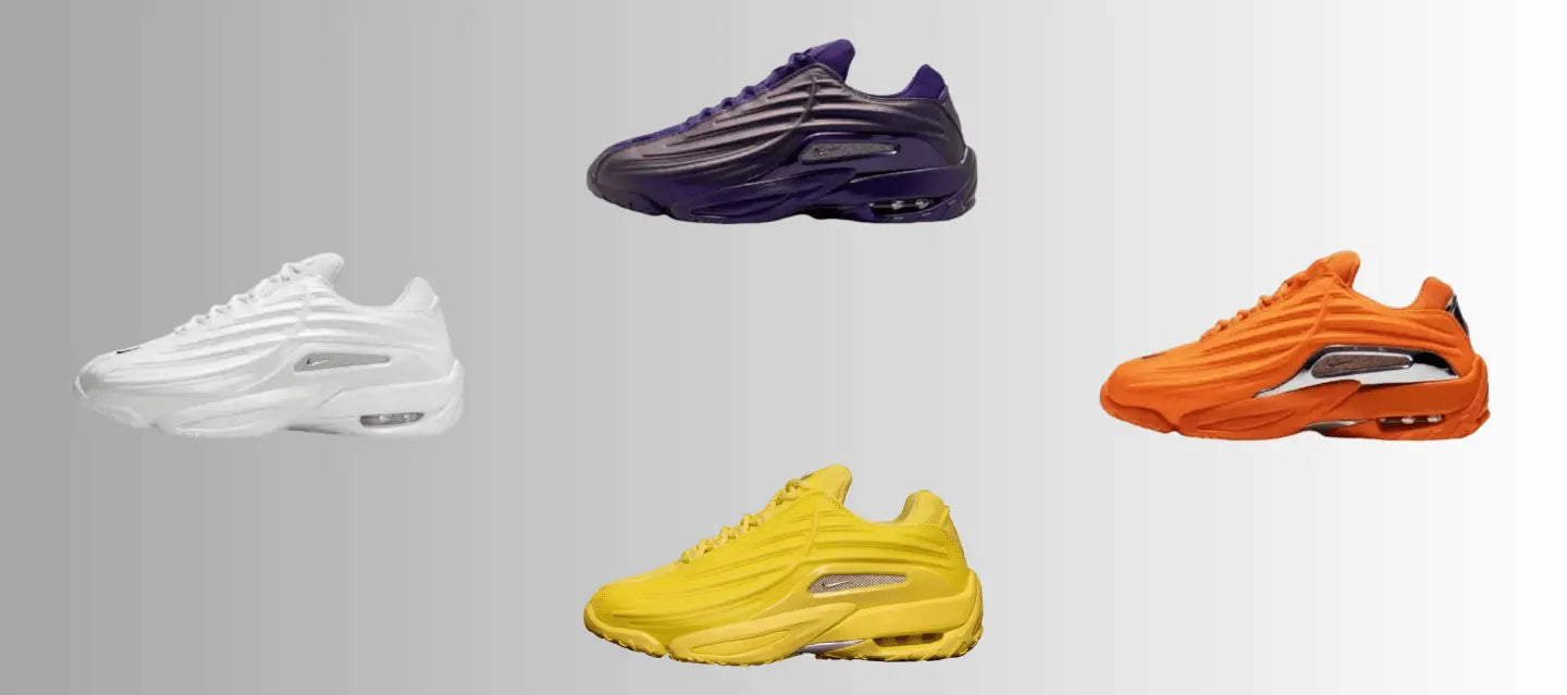 Page d'accueil comportant les Nike Nocta Hot Step 2 orange, jaune, violette et blanche.