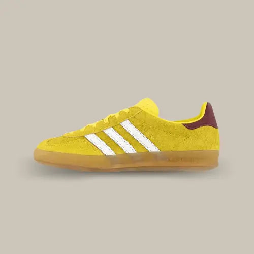 La Adidas Gazelle Indoor Bright Yellow Burgundy de coté avec sa base en daim jaune, ses trois bandes blanches, son talon en cuir et sa semelle en gomme.