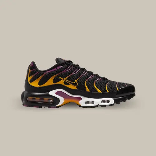 La Nike Air Max Plus Gradient Black de côté avec son coloris noir et ses empiècements en TPU ossédant un dégradé allant du violet au orange faisant penser à un coucher de soleil.