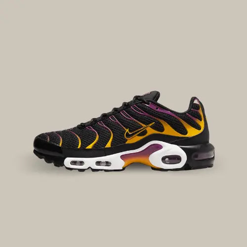 La Nike Air Max Plus Gradient Black de côté avec son coloris noir et ses empiècements en TPU ossédant un dégradé allant du violet au orange faisant penser à un coucher de soleil.