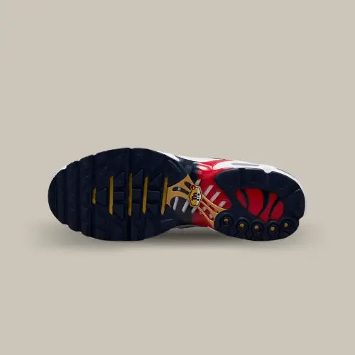 La semelle de la Nike Air Max Plus PSG aux couleurs du PSG, rouge et marine.