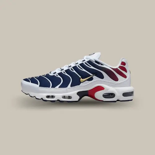 La Nike Air Max Plus PSG vue de côté avec son dégradé allant du bleu marine au rouge avec des empiècements blancs.