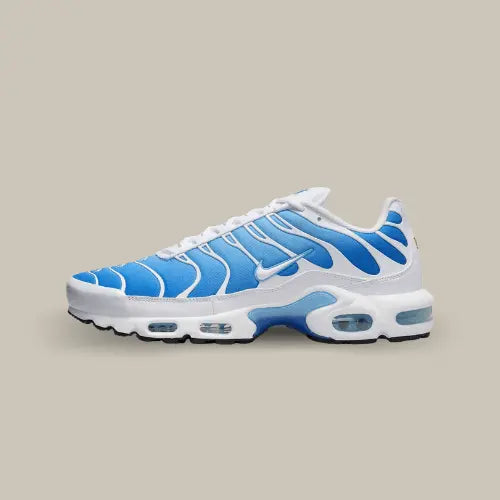 La Nike Air Max Plus Sky Blue de côté avec sa base en mesh bleu ciel et ses empiècements en TPU blanc.