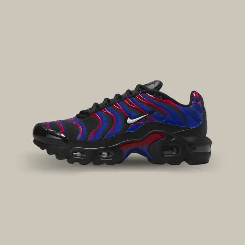 La Nike Air Max Plus TN Spider-Man vue de côté avec sa base en mesh noir et ses empiècements en cuir noir et en TPU rouge et bleu.