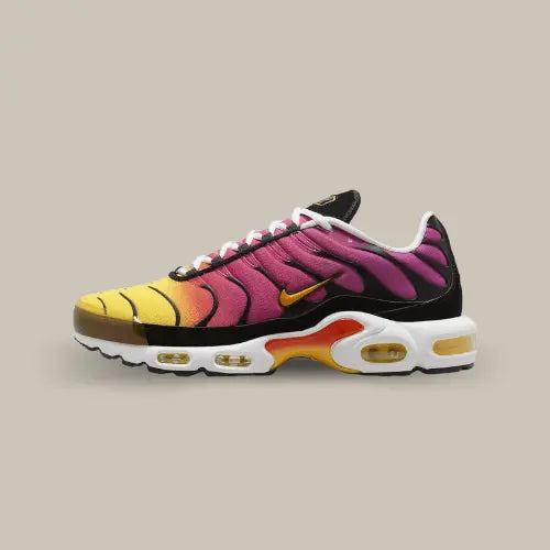 La Nike Air Max Plus Yellow Pink Gradient  de coté avec son défradé allant du jaune au rose, son mini swoosh orange et ses bulles d'air visible jaune.