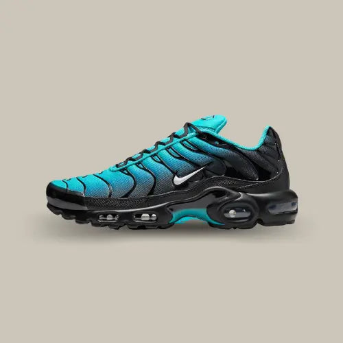 La Nike Air Max Plus TN Light Retro Blue avec son dégradé de couleur allant du bleu clair au bleu foncé et sa semelle noir comportant les bulles d'air visibles.